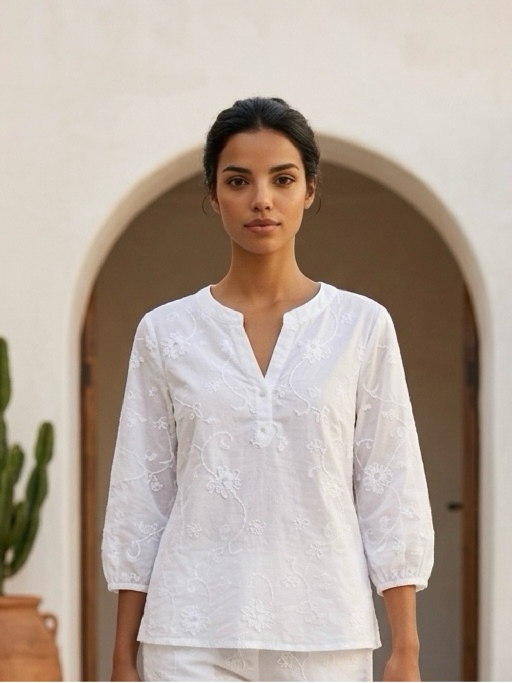 Women's White Embroidered V-Neck Cotton Top - Picture 3 of 6